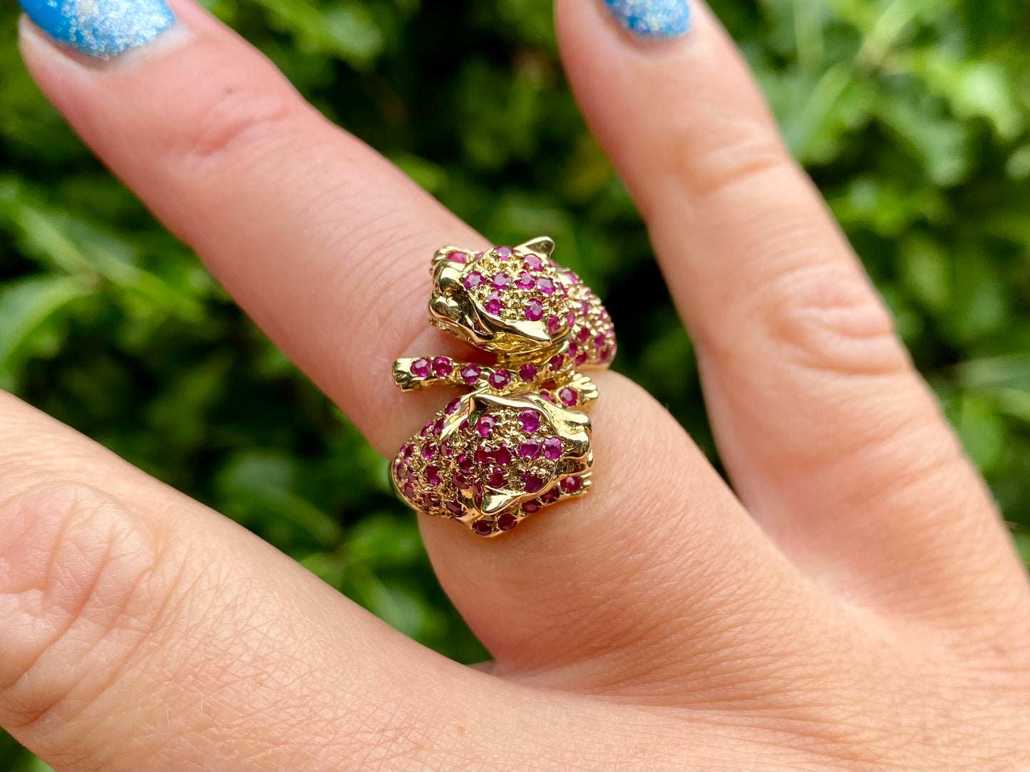 9ct Gold Ruby & Emerald Double Panther Ring