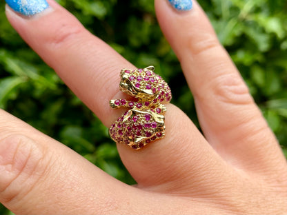 9ct Gold Ruby & Emerald Double Panther Ring
