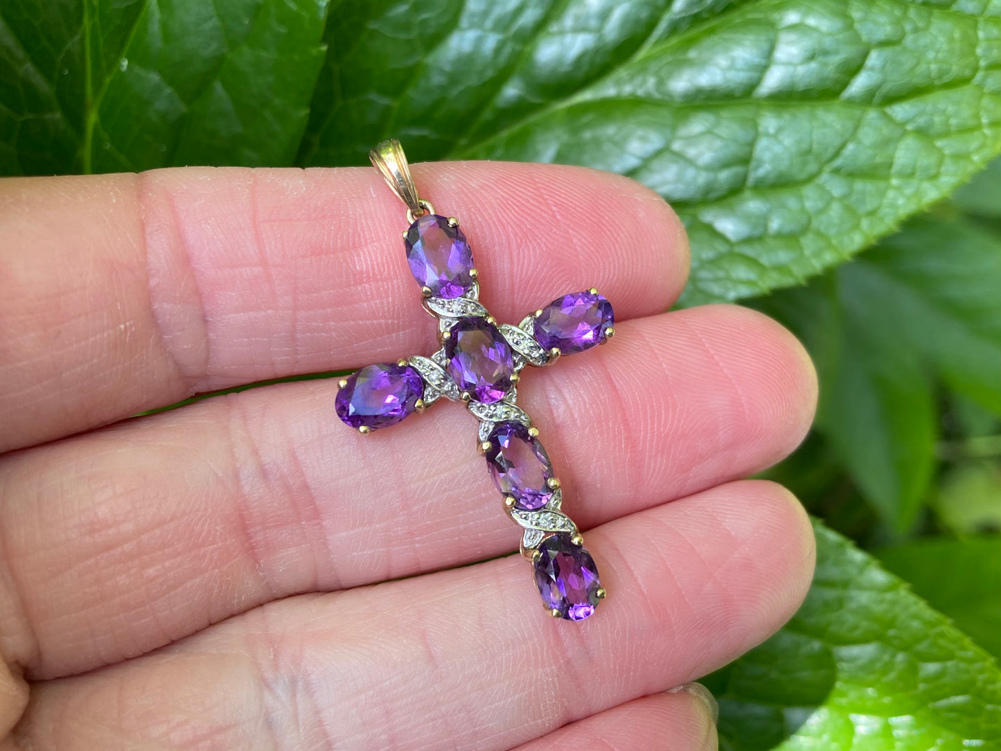 9ct Gold Amethyst Diamond Cross Pendant