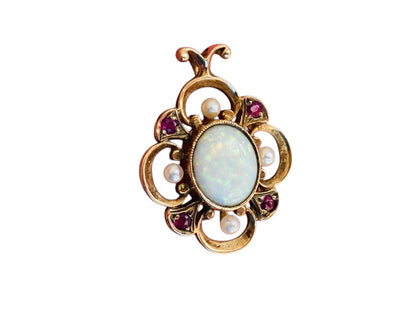 Vintage 9ct Gold Opal,Ruby & Pearl Pendant