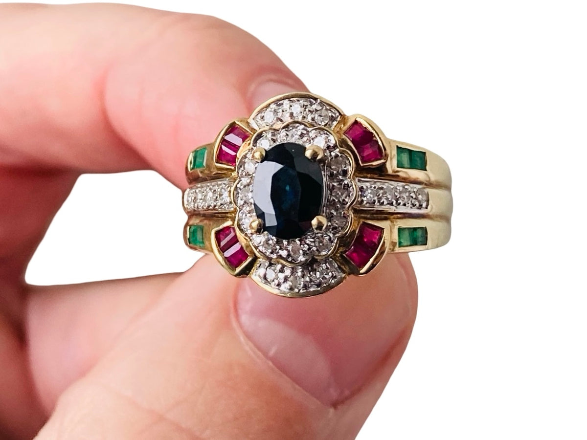 9ct Gold Sapphire, Ruby, Emerald & Diamond Ring
