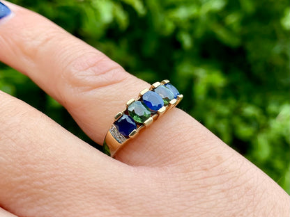 9ct Gold Green & Blue Sapphire & Diamond Ring