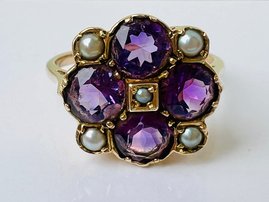Vintage 9ct Gold Amethyst & Pearl Ring