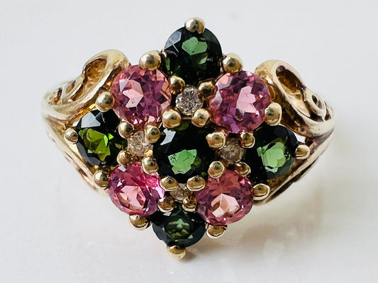 9ct Gold Pink & Green Tourmaline & Diamond Ring