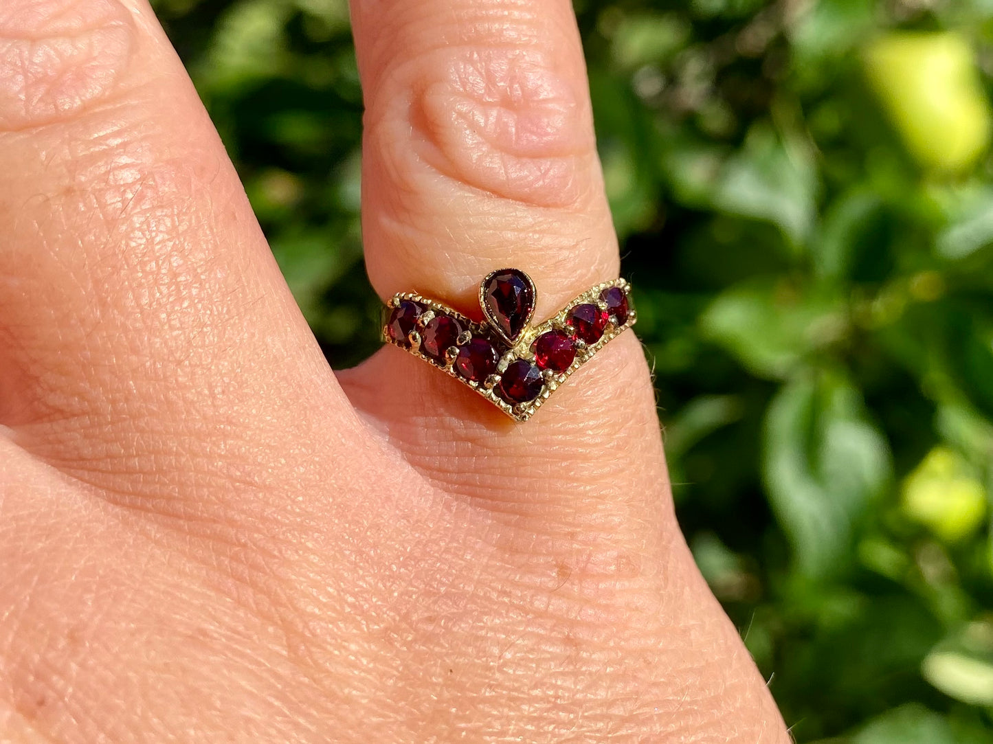 9ct Gold Wishbone / Chevron Garnet Ring