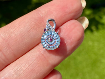 9ct Gold Aquamarine, Red & White Diamond Lehrer Pendant