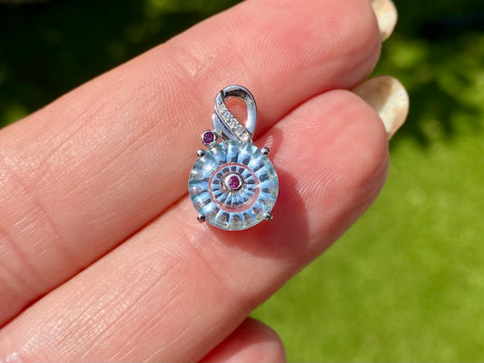 9ct Gold Aquamarine, Red & White Diamond Lehrer Pendant