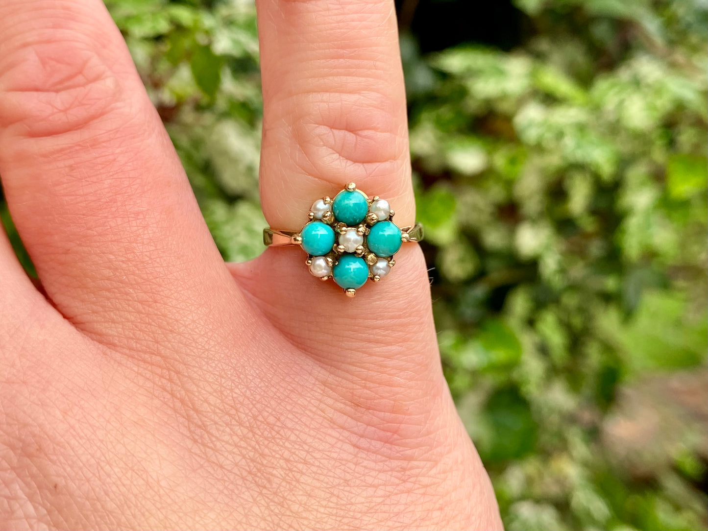 Vintage 9ct Gold Turquoise & Pearl Ring