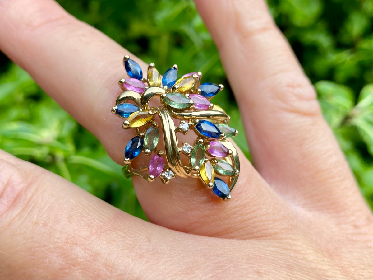 9ct Gold Multi-Coloured Sapphire & Diamond Ring