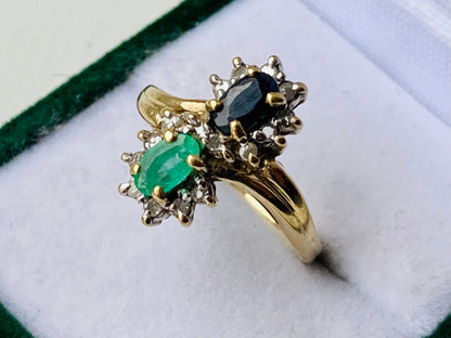 Vintage 9ct Gold Emerald, Sapphire & Diamond Ring