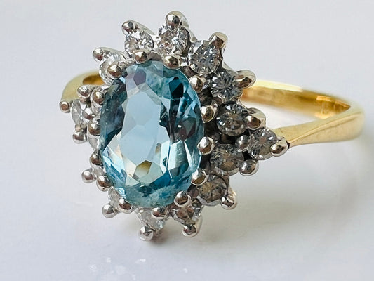 Vintage 18ct Gold Aquamarine Diamond Ring