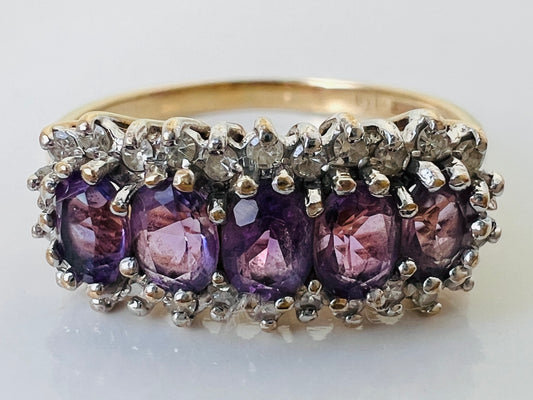 Vintage 9ct Gold Amethyst & Diamond Ring
