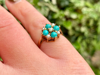 Vintage 9ct Gold Turquoise & Pearl Ring