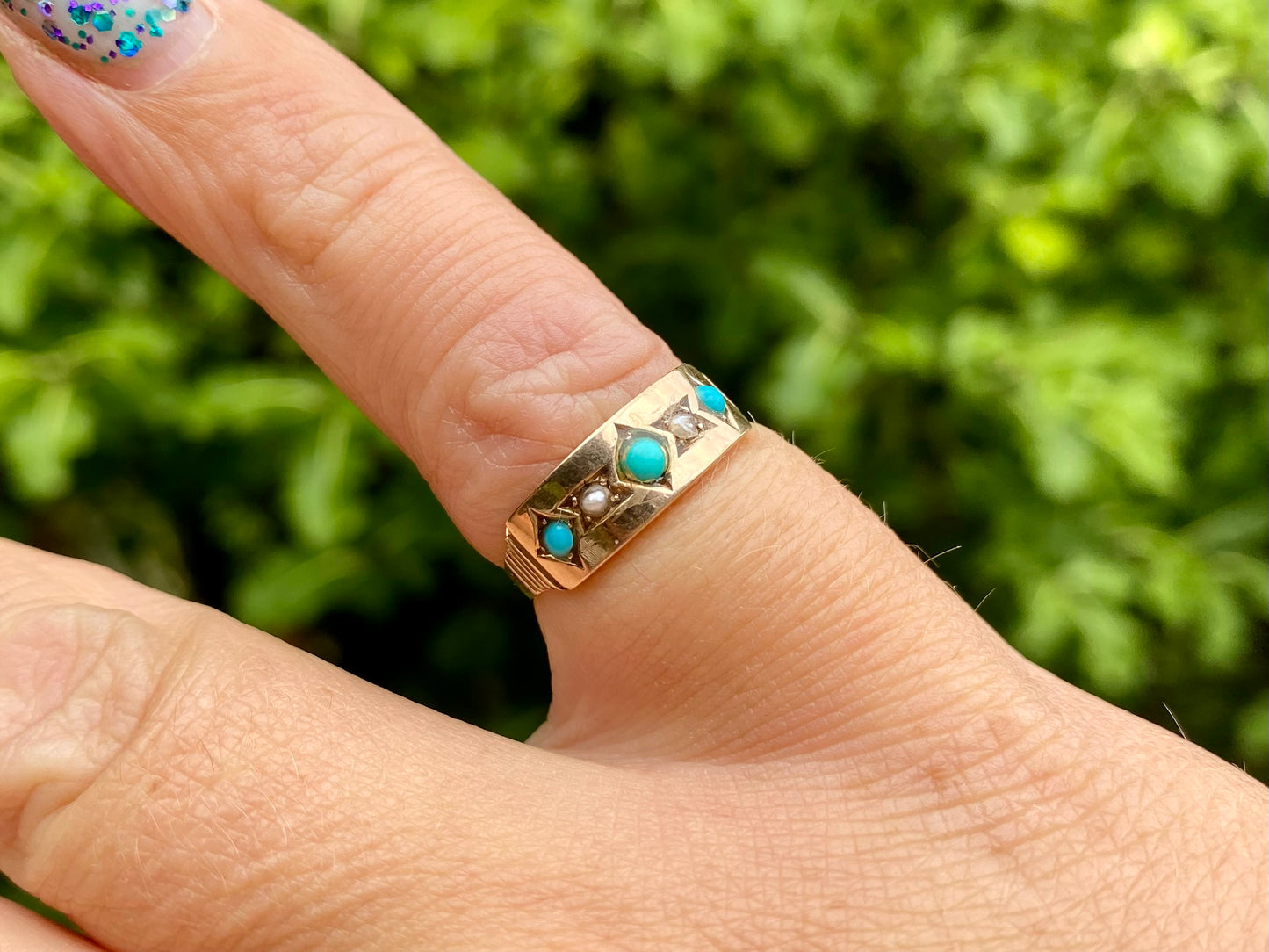 Antique 9ct Gold Turquoise & Opal Ring