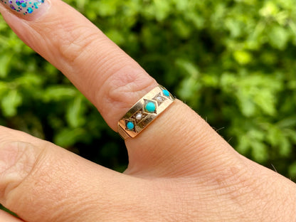 Antique 9ct Gold Turquoise & Opal Ring