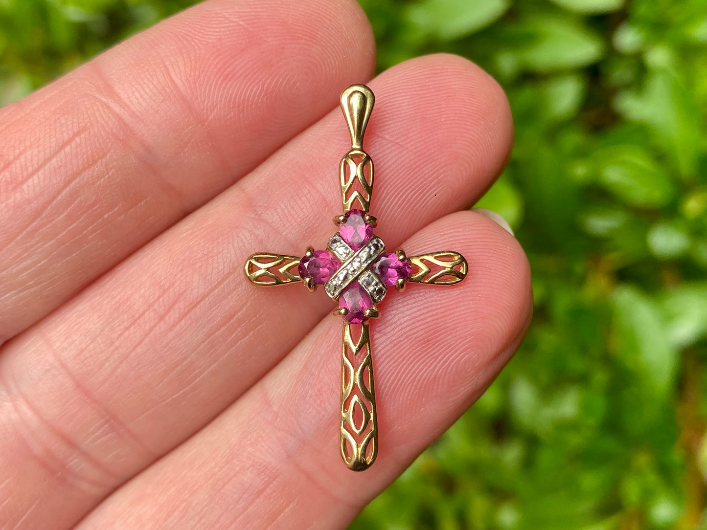 9ct Gold Rhodolite Garnet & Diamond Cross Pendant