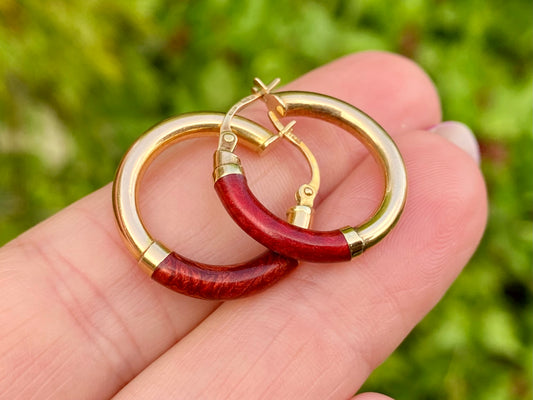 9ct Gold Red Enamel Hoop Earrings