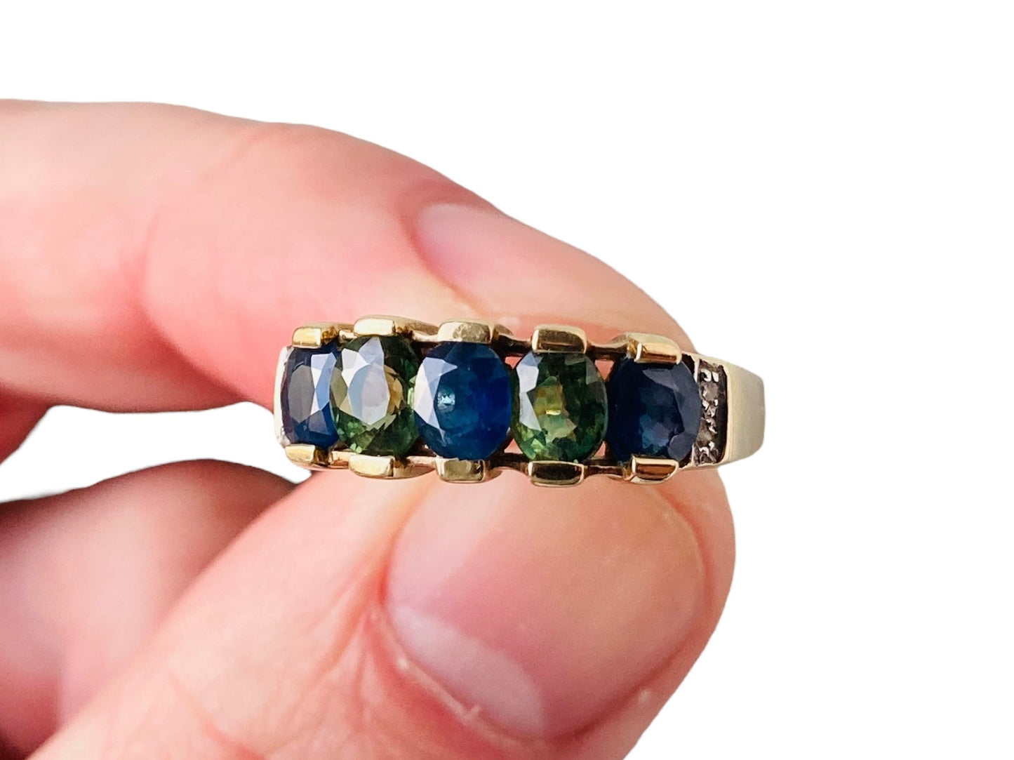 9ct Gold Green & Blue Sapphire & Diamond Ring