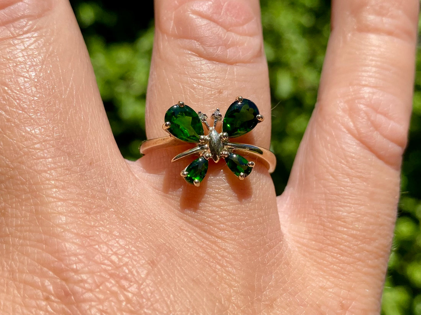 9ct Gold Diopside & Diamond Butterfly Ring