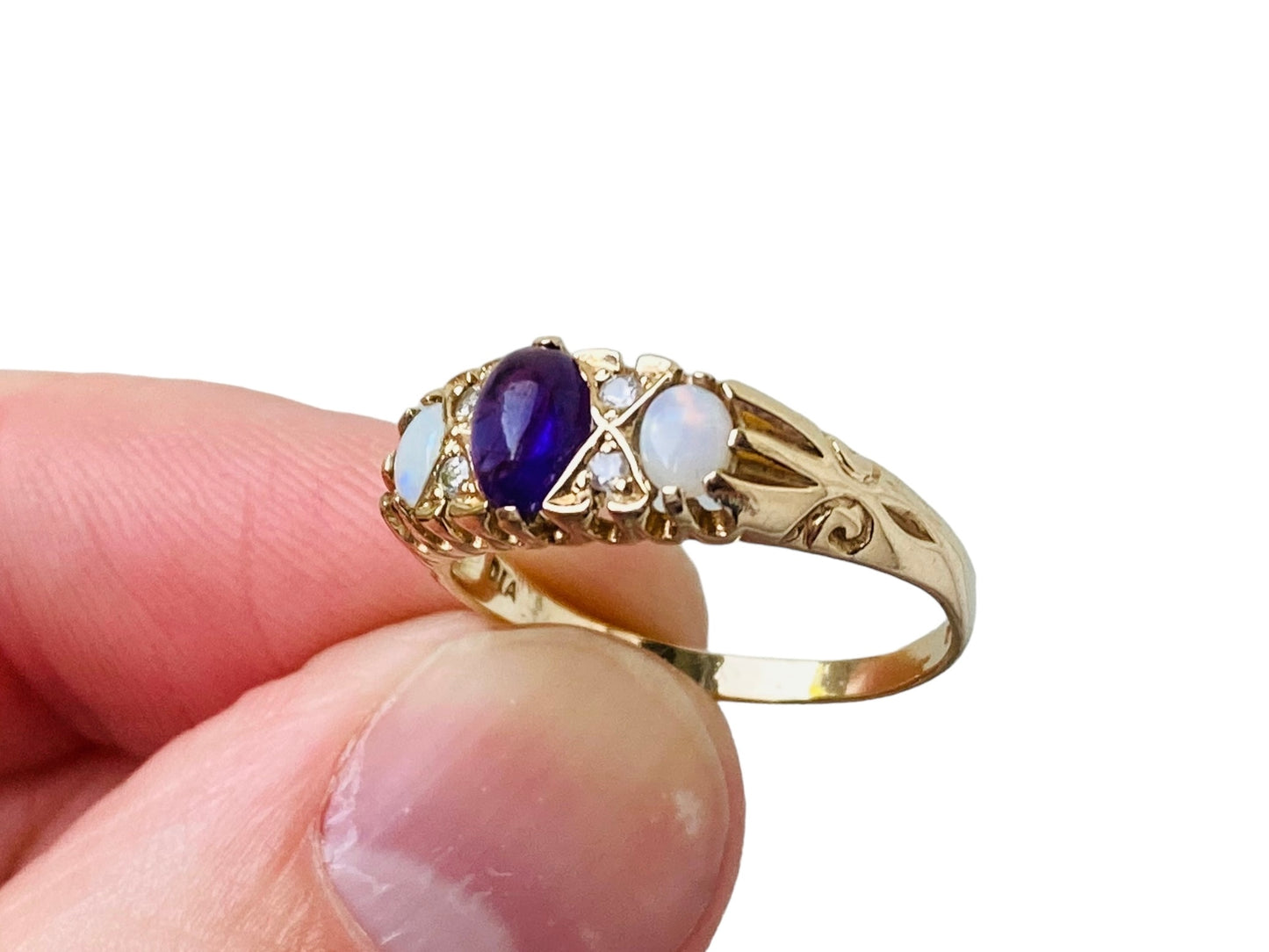 Vintage 9ct Gold Amethyst, Opal & Diamond Ring