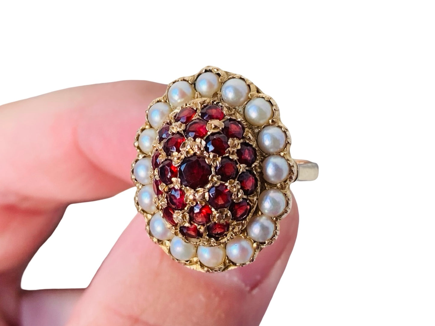 Vintage 9ct Gold Garnet & Pearl Ring