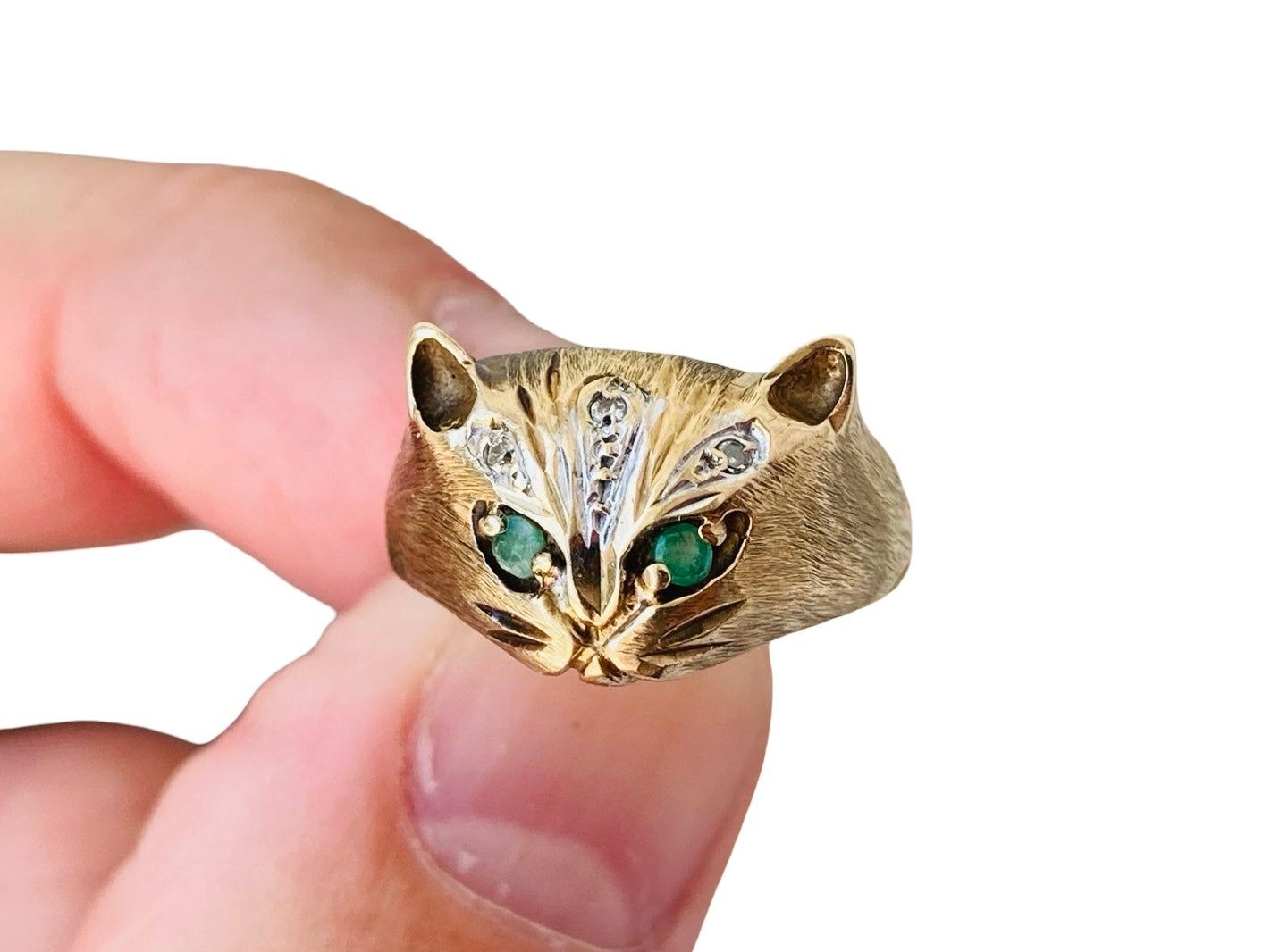 Vintage 9ct Gold Emerald & Diamond Cat Ring