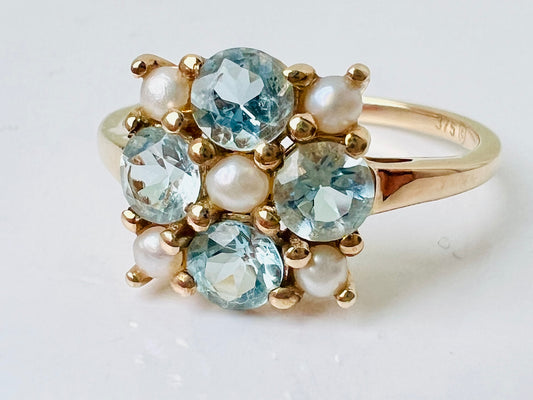 9ct Gold Aquamarine & Pearl Ring