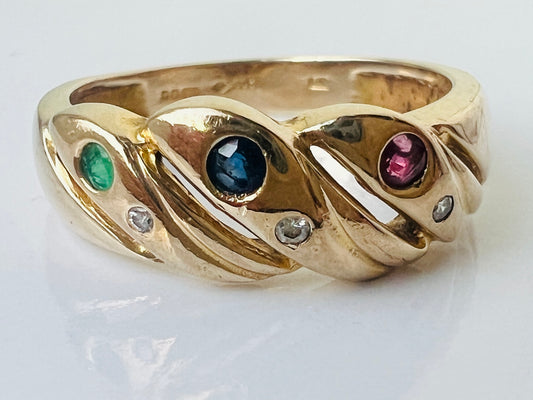 9ct Gold Emerald, Sapphire, Ruby & Diamond Ring