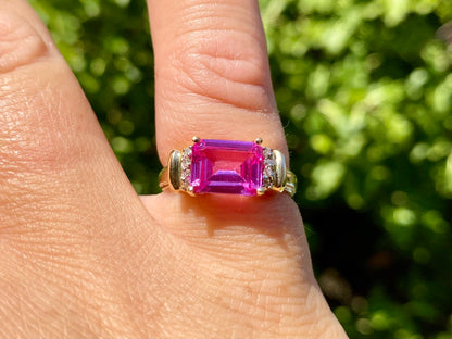 10ct Gold Synthetic Pink Sapphire & Diamond Ring