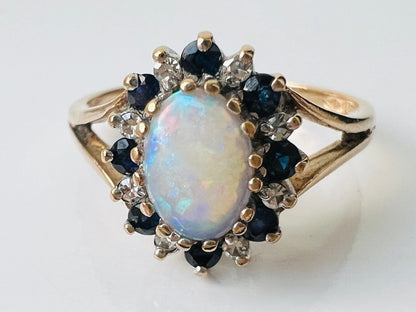 Vintage 9ct Gold Opal, Sapphire & Diamond Ring