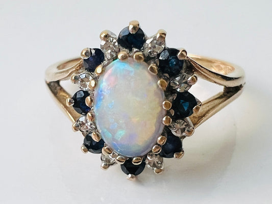 Vintage 9ct Gold Opal, Sapphire & Diamond Ring