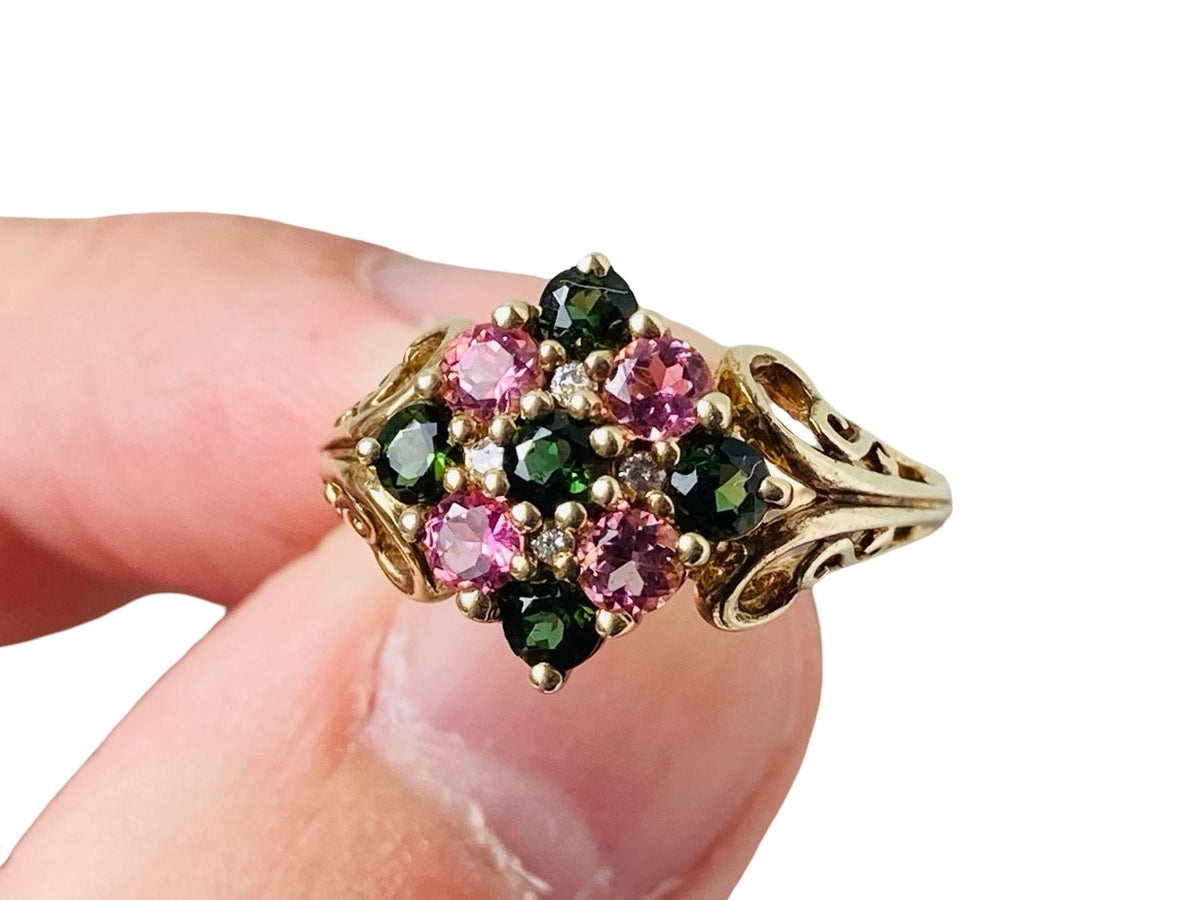 9ct Gold Pink & Green Tourmaline & Diamond Ring