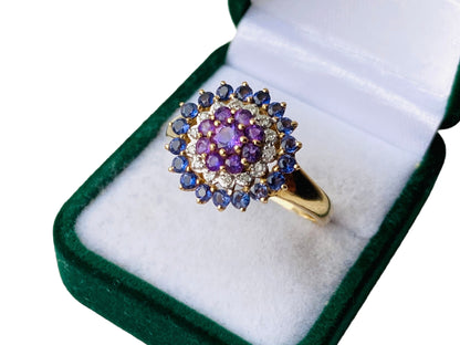 9ct Gold Tanzanite, Amethyst & Diamond Ring