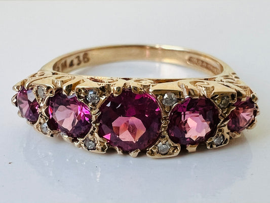 Vintage 9ct Gold Rhodolite Garnet & Diamond Ring