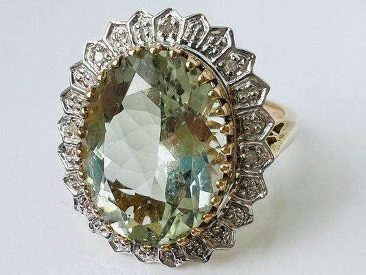 9ct Gold Green Amethyst & Diamond Ring