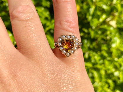 Vintage 9ct Gold Citrine & Pearl Heart Ring