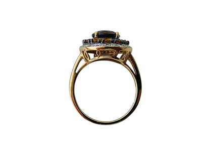 9ct Gold Smoky Quartz, Citrine & Diamond Ring