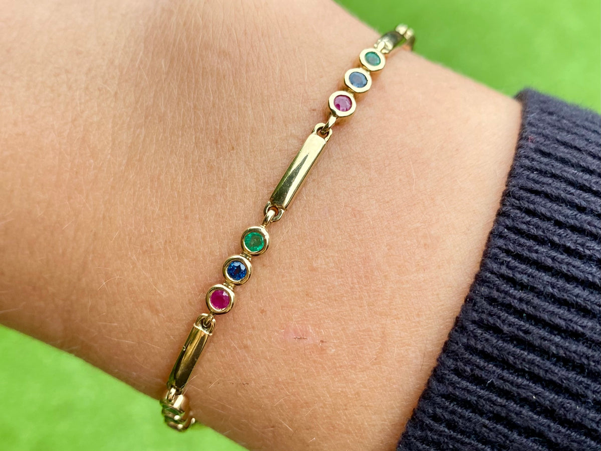 9ct Gold Ruby, Emerald & Sapphire Bracelet