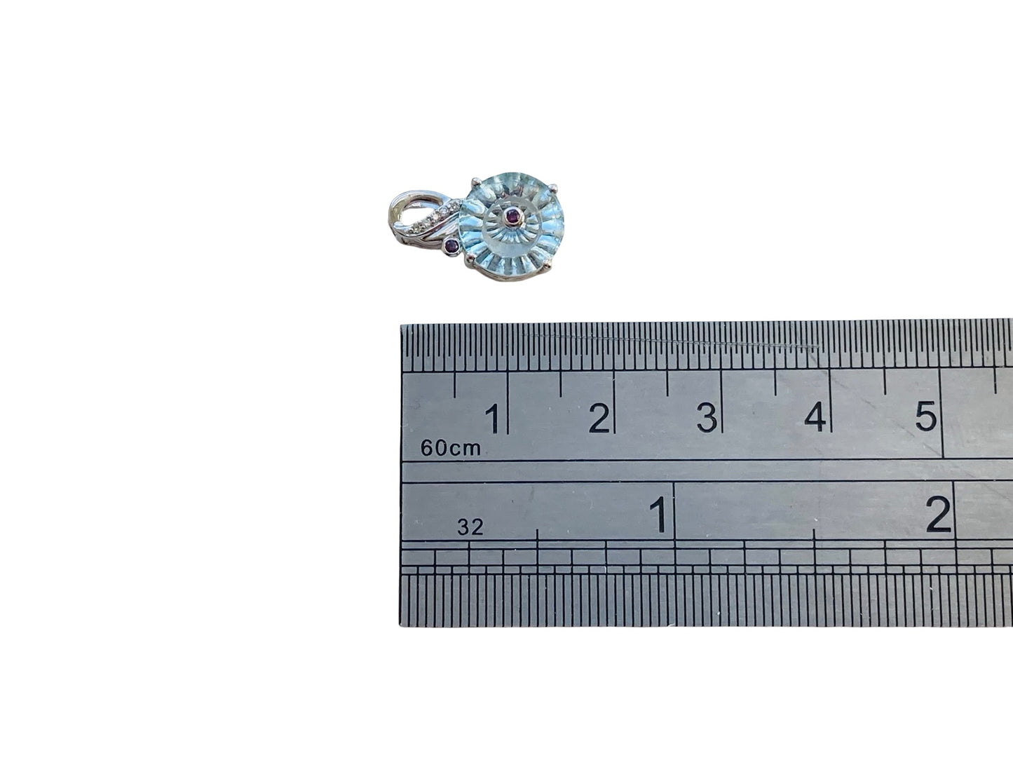 9ct Gold Aquamarine, Red & White Diamond Lehrer Pendant
