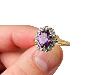 Vintage 9ct Gold Amethyst & Diamond Ring