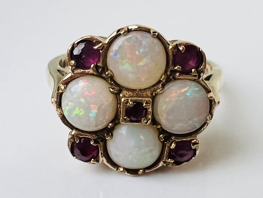 Vintage 9ct Gold Opal & Ruby Ring