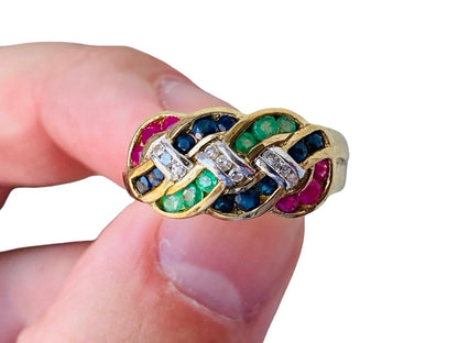 9ct Gold Sapphire, Ruby, Emerald & Diamond Ring
