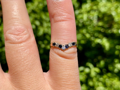 Vintage 9ct Gold Sapphire & Diamond Wishbone Ring