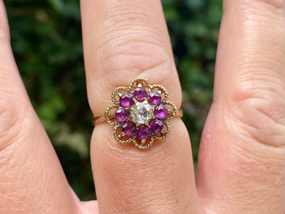 Vintage 9ct Gold Ruby & Old Cut Diamond Ring