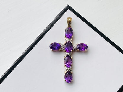 9ct Gold Amethyst Diamond Cross Pendant