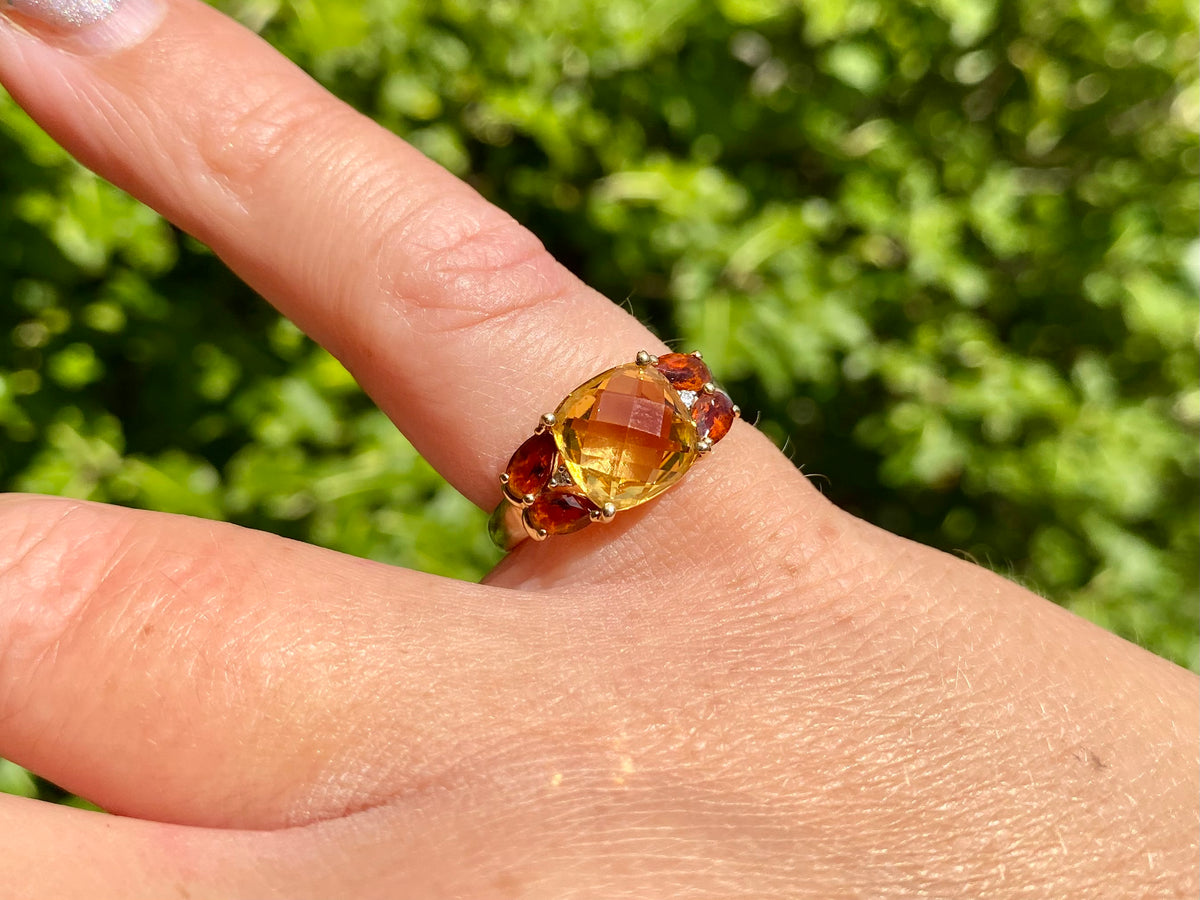 9ct Gold Citrine, Garnet & Diamond Ring