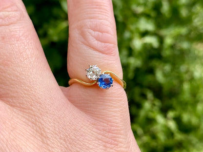 Antique 18ct Gold Sapphire & Diamond Toi Et Moi Ring