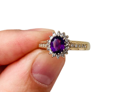 Vintage 9ct Gold Amethyst & Diamond Ring