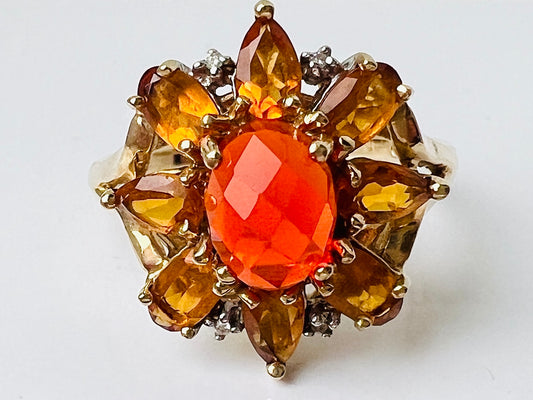 9ct Gold Fire Opal, Citrine & Diamond Ring