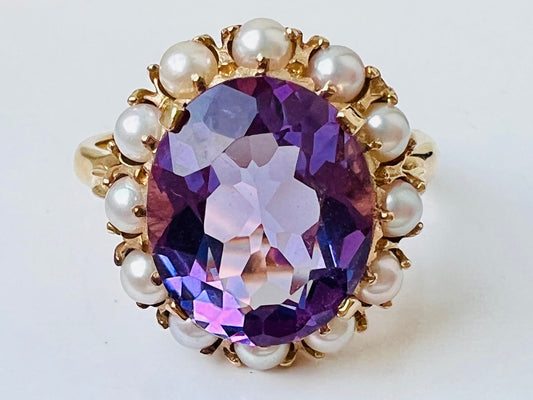 Vintage 9ct Gold Amethyst & Pearl Ring